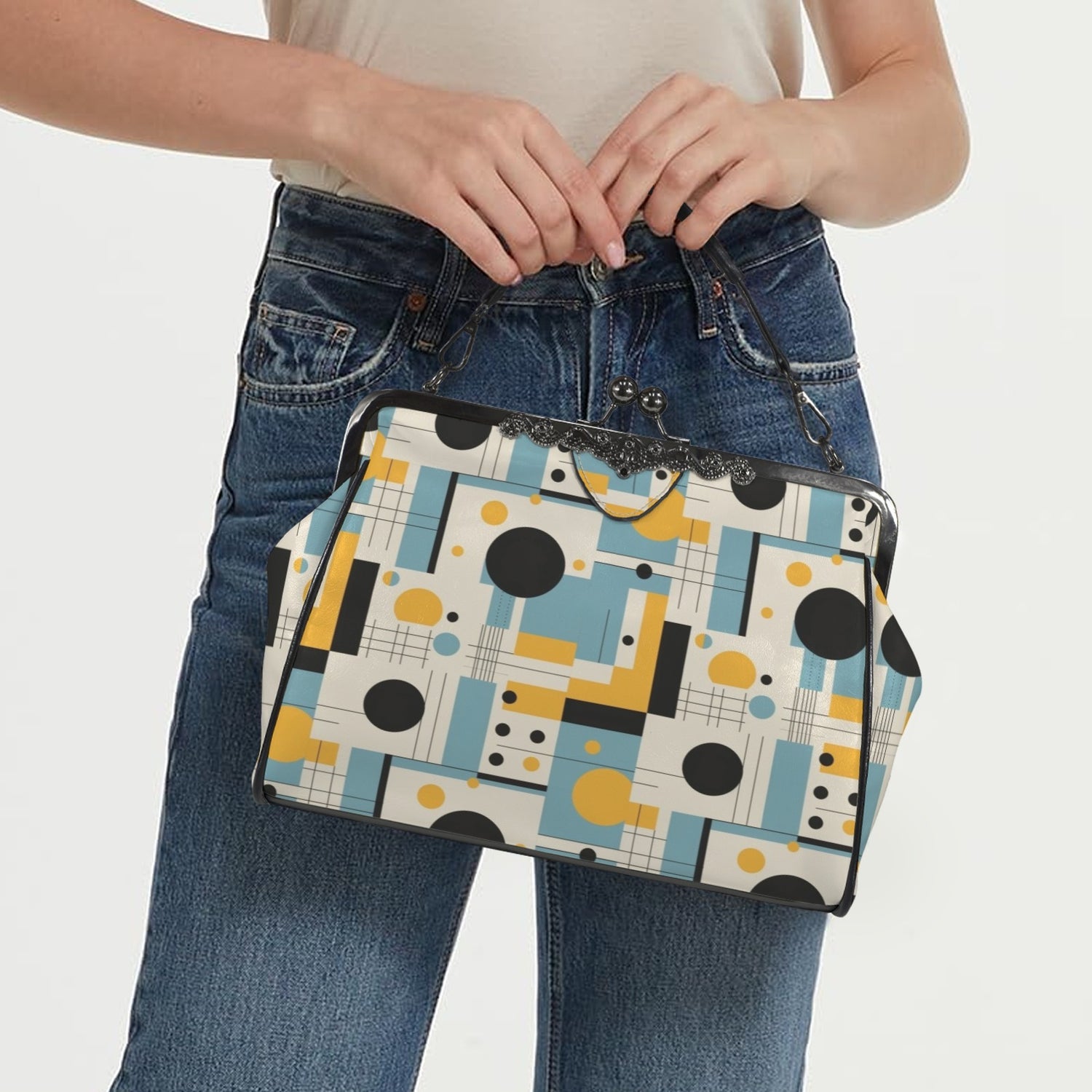Bauhaus Mid Century Modern Geometric Blue Yellow Kisslock Crossbody Purse - Mid Century Modern Gal