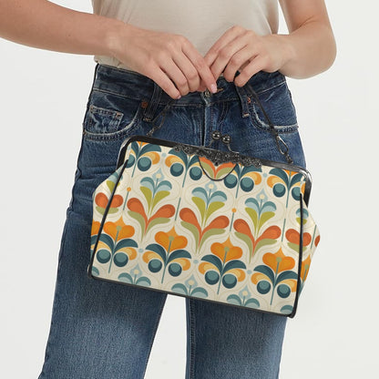 Mid Century Modern Groovy Retro Floral, Orange Green Blue Kisslock Crossbody Purse - Mid Century Modern Gal