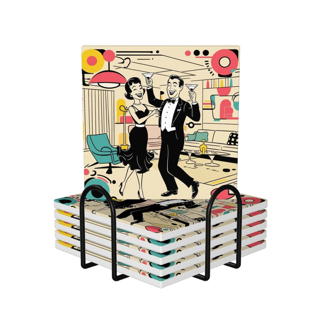 Mid Century Modern Kitschy Mod Couple Retro Barware Square Ceramic Coasters Set of 6 - Mid Century Modern Gal
