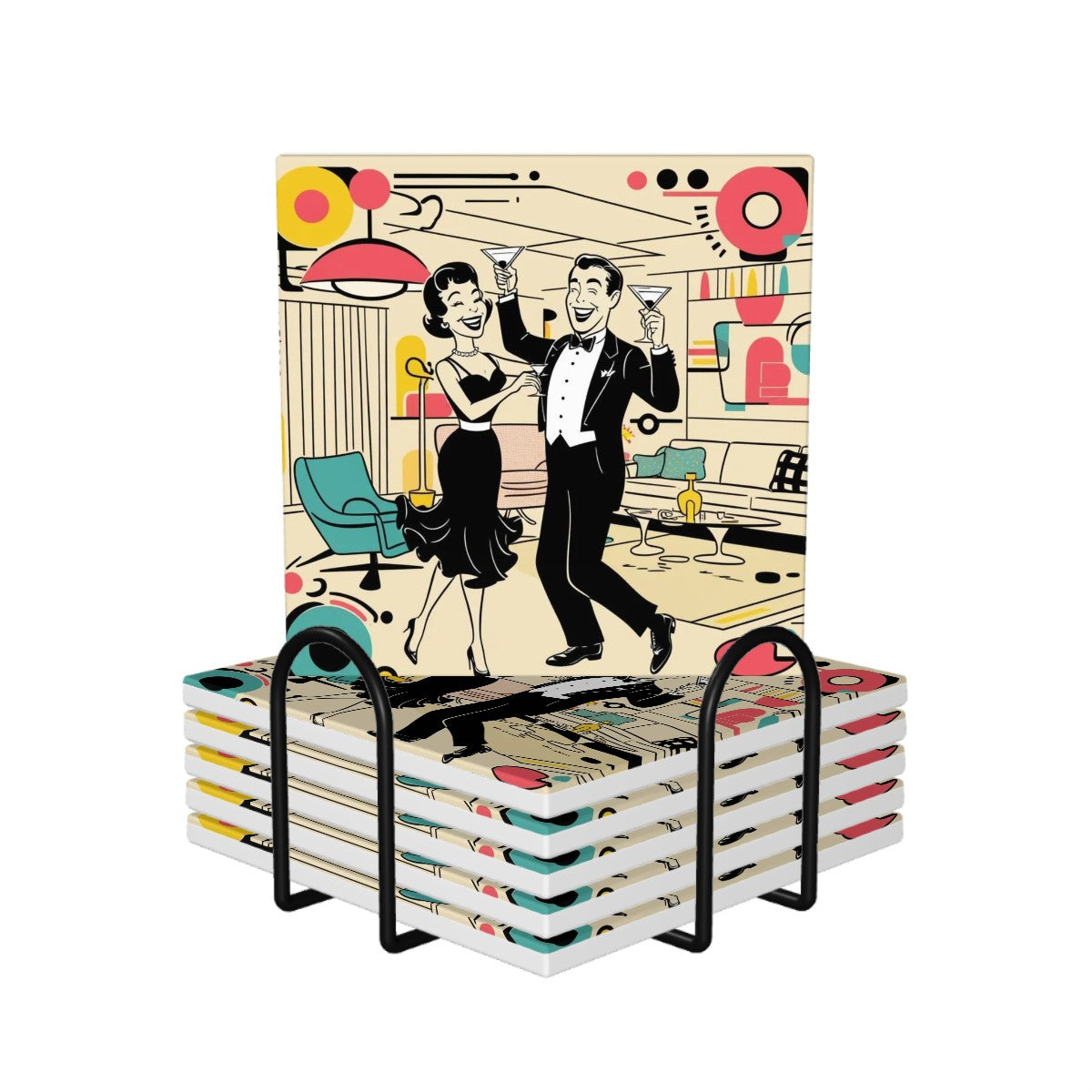 Mid Century Modern Kitschy Mod Couple Retro Barware Square Ceramic Coasters Set of 6 - Mid Century Modern Gal