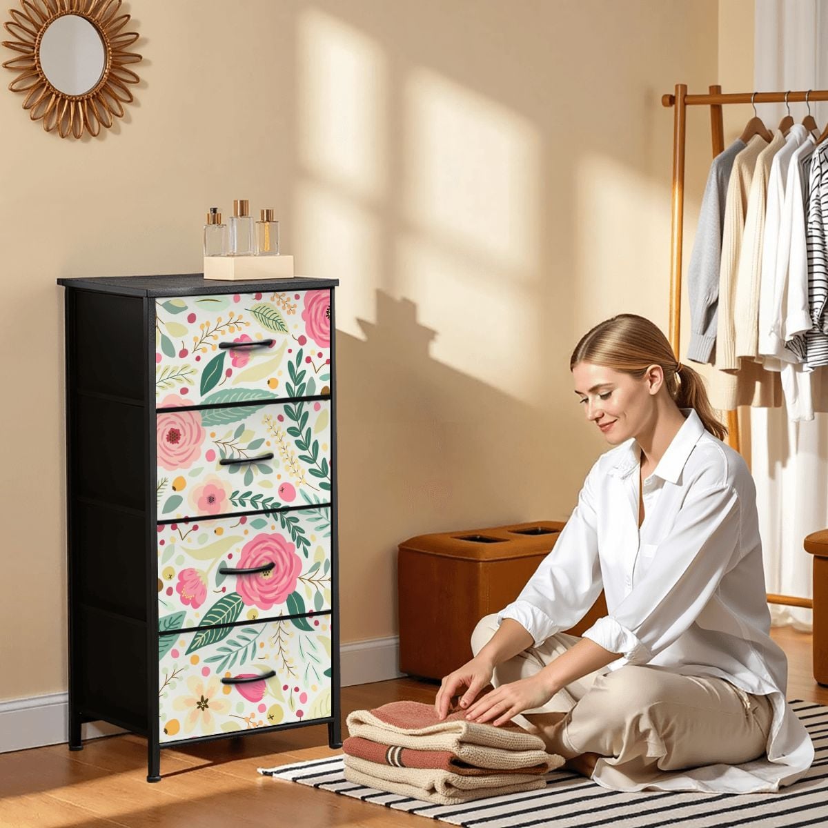 Floral Pink Mid Century Modern 4-Drawer Dresser - Mid Century Modern Gal