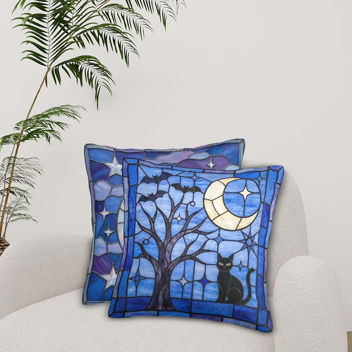 Halloween Stained Glass Style Black Cat and Crescent Moon Throw Pillow Covers Set of 2 - Covers Only