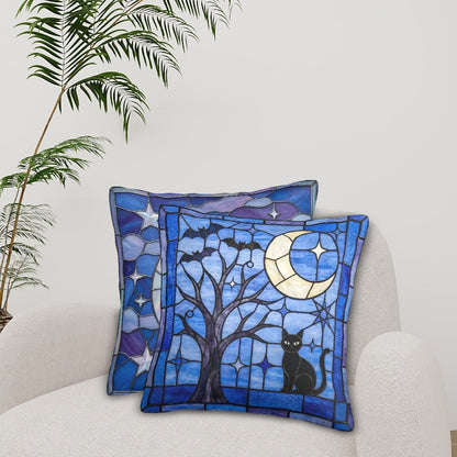 Halloween Stained Glass Style Black Cat and Crescent Moon Throw Pillow Covers Set of 2 - Covers Only