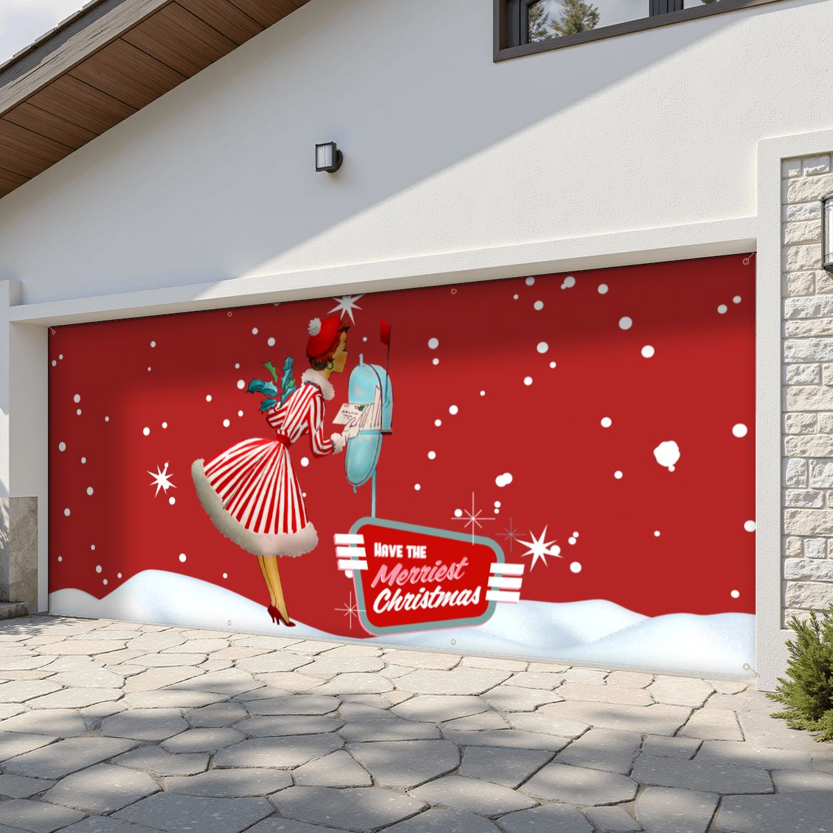 Mid Century Modern 50s Gal, Kitschy Holiday Red Christmas Garage Door Banner Backdrop - Mid Century Modern Gal