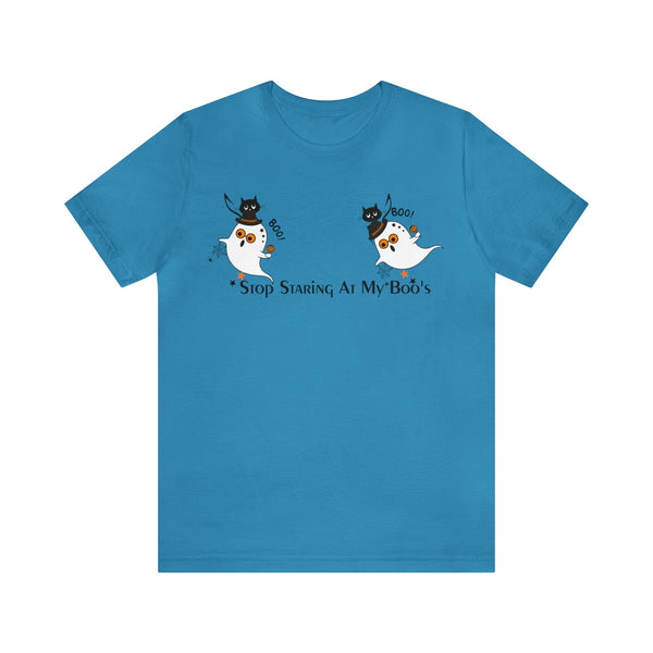 Funny Halloween Retro Shirt, Stop Staring At My Boo's Halloween Party Ghosts, Atomic Cats, Modern Unisex T-Shirt