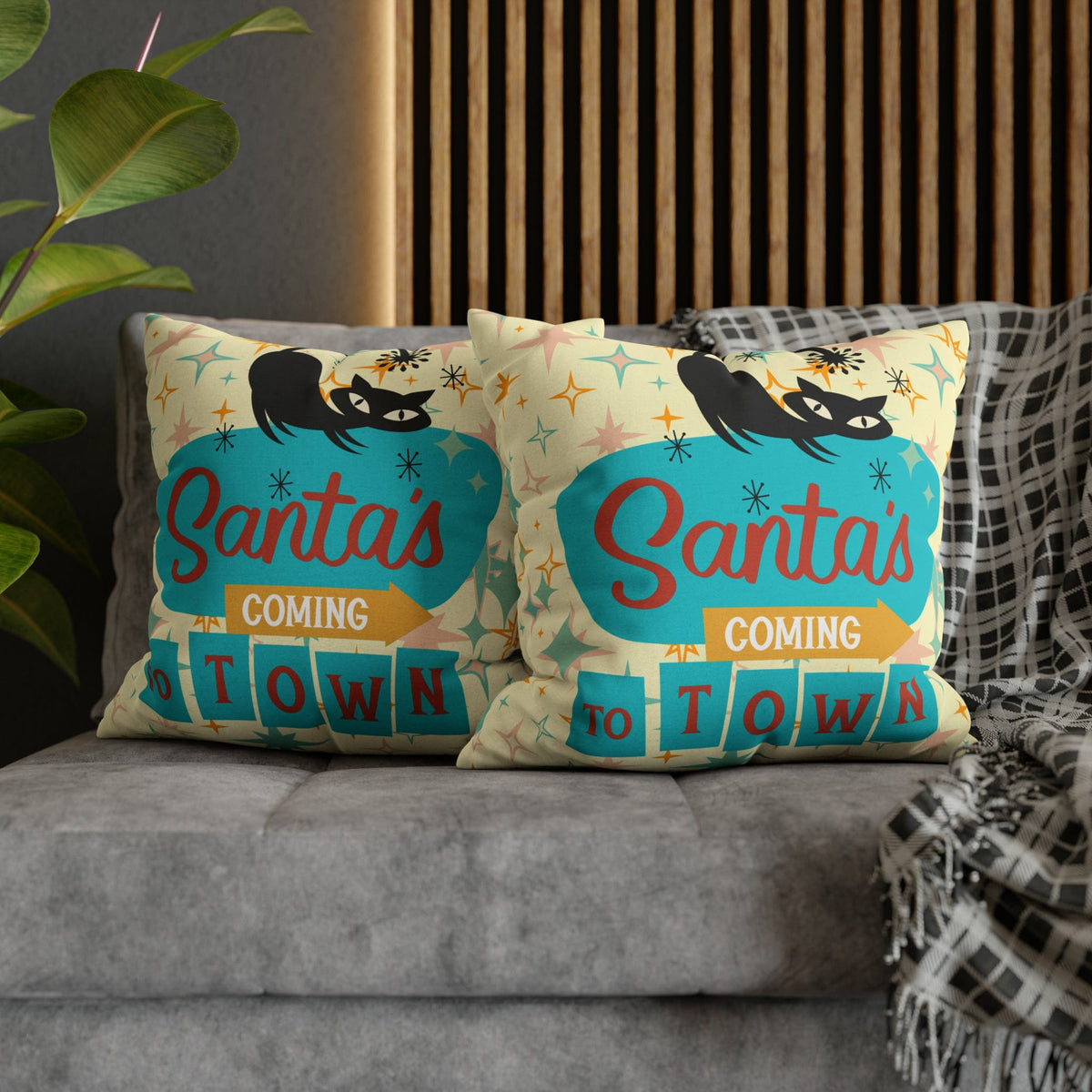 Atomic 50's Chrismtas,Atomic Cat, Christmas Pillow Cover, Mid Century Modern Kitschy Chrismta Holiday Decor, Pillow Cover Home Decor