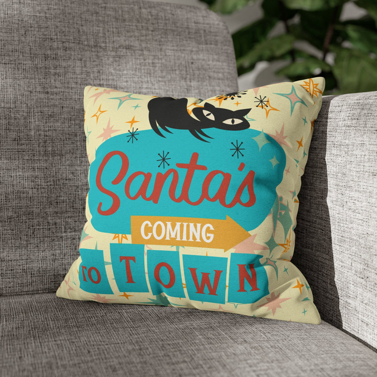 Atomic 50's Chrismtas,Atomic Cat, Christmas Pillow Cover, Mid Century Modern Kitschy Chrismta Holiday Decor, Pillow Cover Home Decor