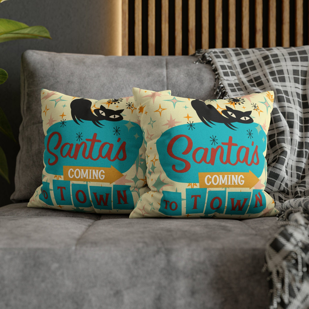 Atomic 50's Chrismtas,Atomic Cat, Christmas Pillow Cover, Mid Century Modern Kitschy Chrismta Holiday Decor, Pillow Cover Home Decor