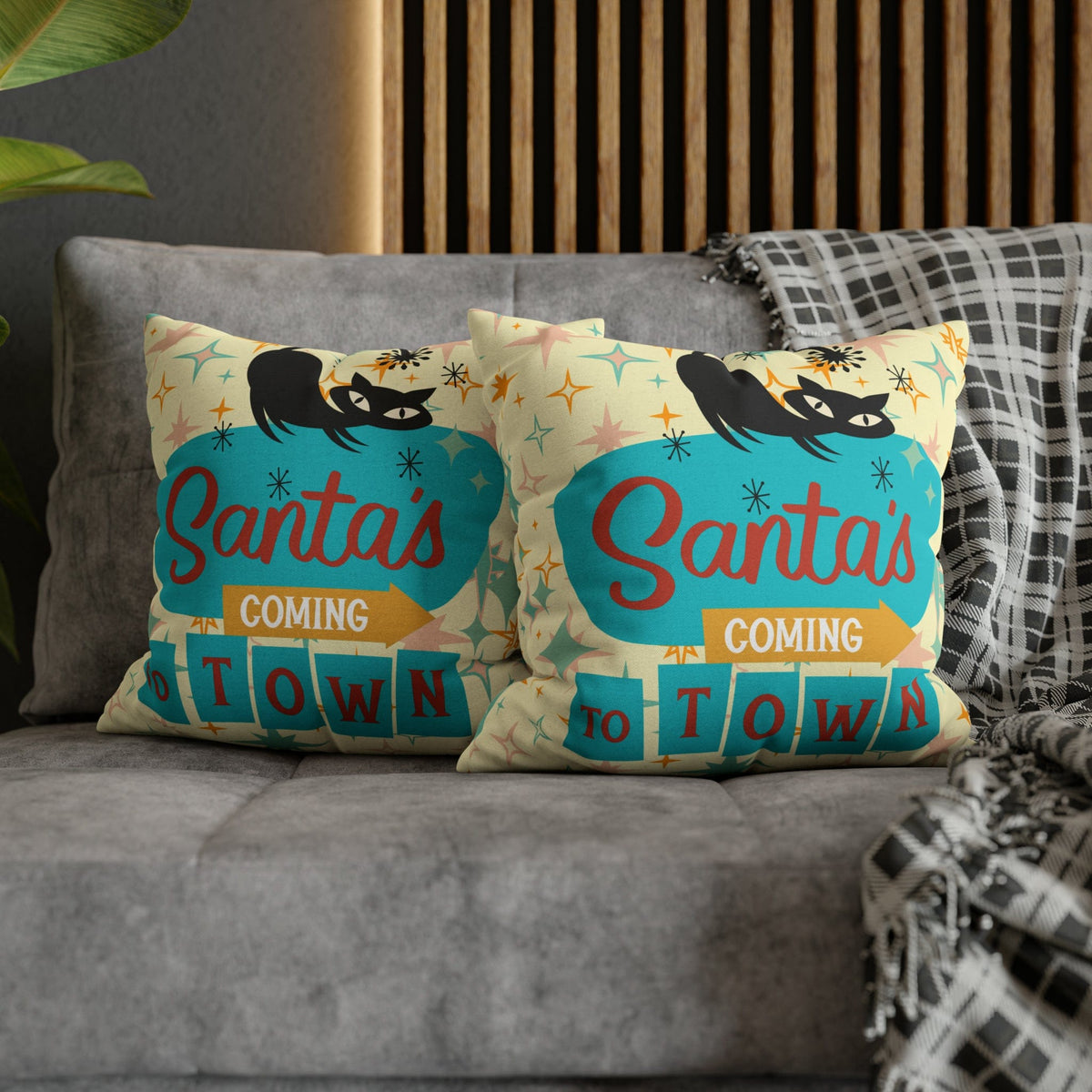 Atomic 50's Chrismtas,Atomic Cat, Christmas Pillow Cover, Mid Century Modern Kitschy Chrismta Holiday Decor, Pillow Cover Home Decor