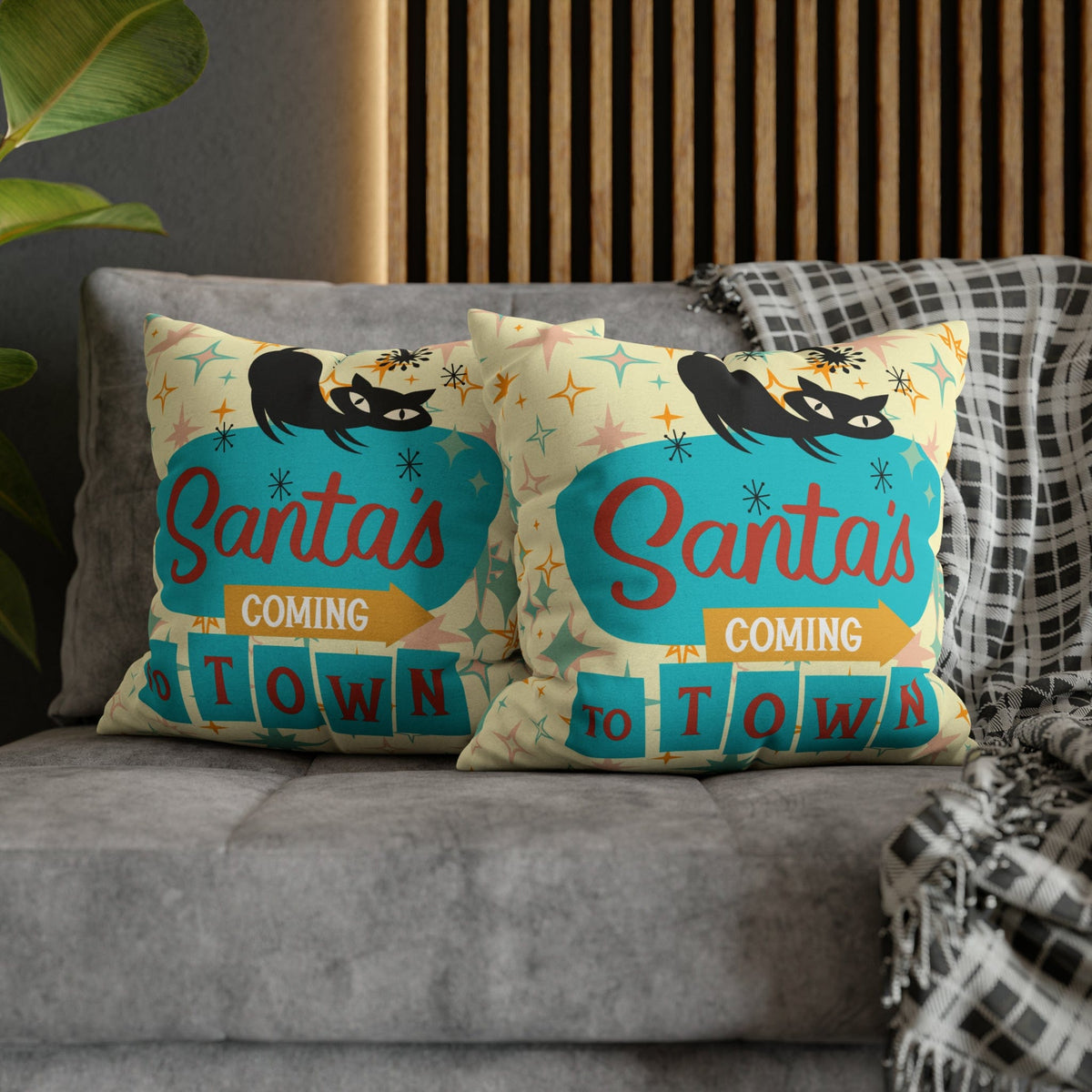 Atomic 50's Chrismtas,Atomic Cat, Christmas Pillow Cover, Mid Century Modern Kitschy Chrismta Holiday Decor, Pillow Cover Home Decor