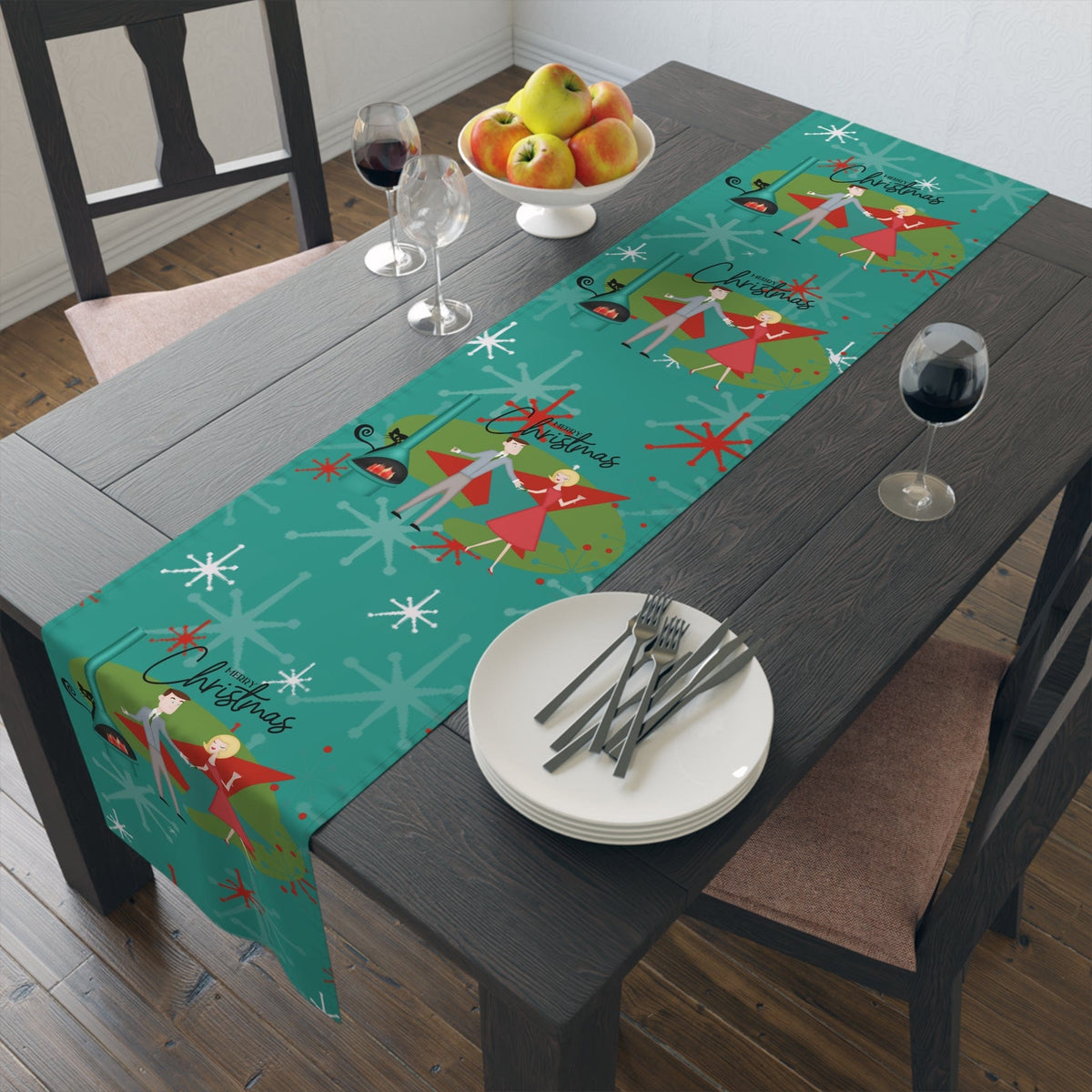 Atomic 50's Christmas Table Runner, Teal, Red, Starburst, Atomic Cat, Festive Kitsch Holiday Table Runner Home Decor
