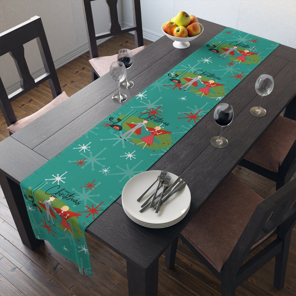 Atomic 50's Christmas Table Runner, Teal, Red, Starburst, Atomic Cat, Festive Kitsch Holiday Table Runner