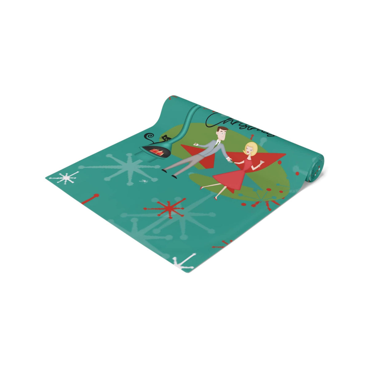 Atomic 50's Christmas Table Runner, Teal, Red, Starburst, Atomic Cat, Festive Kitsch Holiday Table Runner Home Decor
