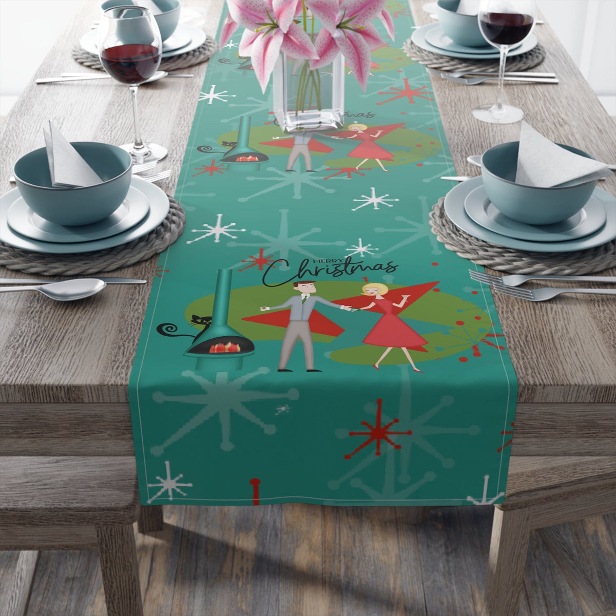 Atomic 50's Christmas Table Runner, Teal, Red, Starburst, Atomic Cat, Festive Kitsch Holiday Table Runner Home Decor