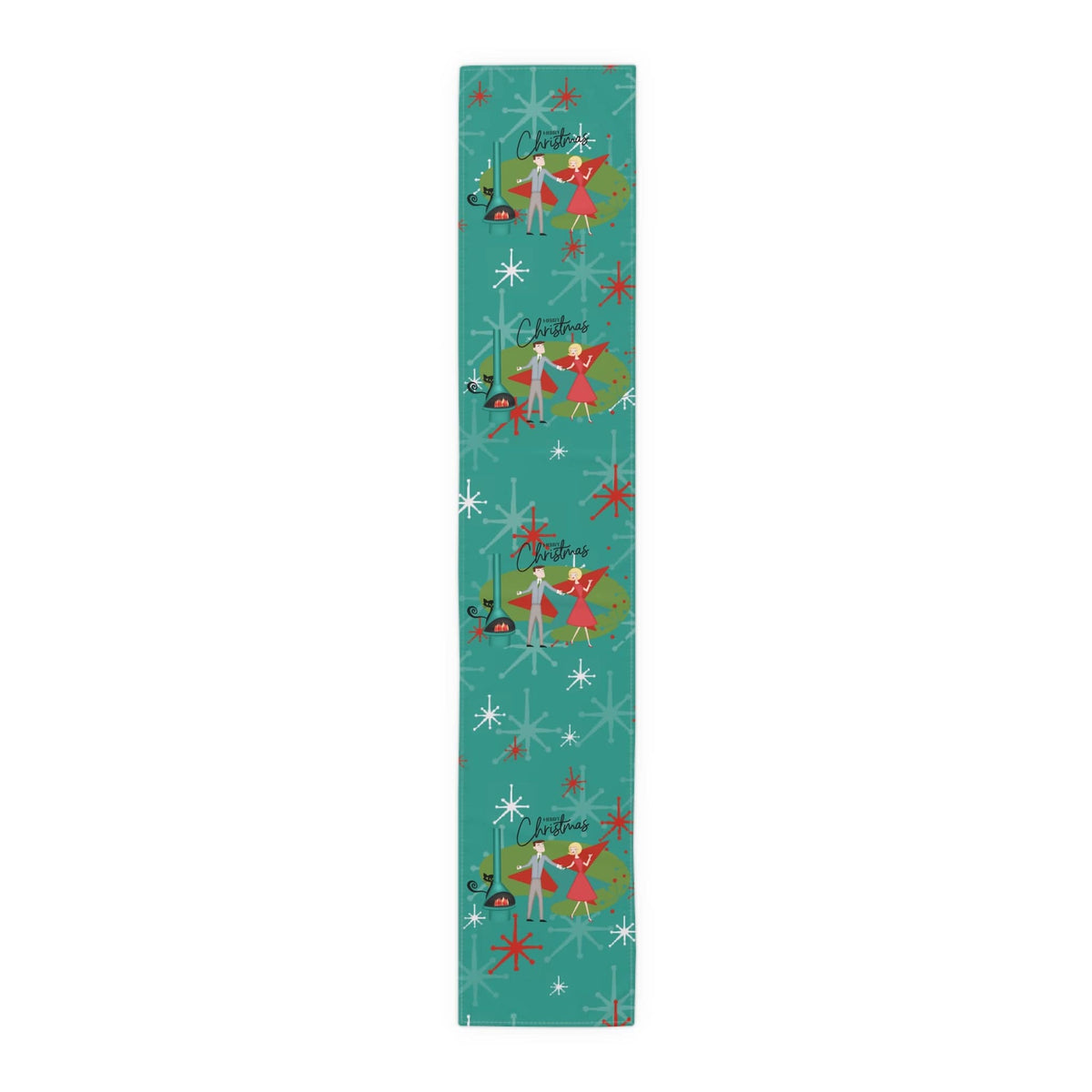 Atomic 50's Christmas Table Runner, Teal, Red, Starburst, Atomic Cat, Festive Kitsch Holiday Table Runner Home Decor