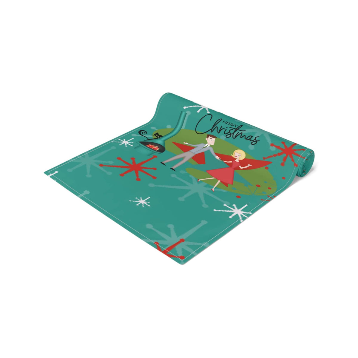 Atomic 50's Christmas Table Runner, Teal, Red, Starburst, Atomic Cat, Festive Kitsch Holiday Table Runner Home Decor