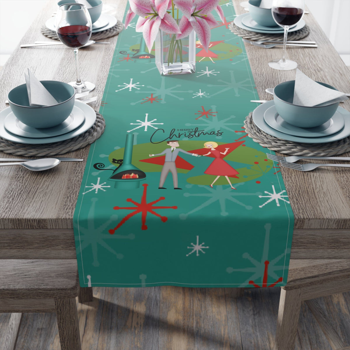 Atomic 50's Christmas Table Runner, Teal, Red, Starburst, Atomic Cat, Festive Kitsch Holiday Table Runner Home Decor
