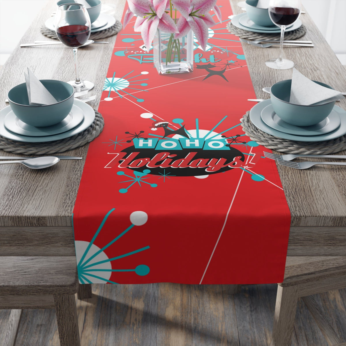 Atomic 50's Red, Atomic Cat, Holiday, Mid Mod Table Runner (Cotton, Poly) Home Decor