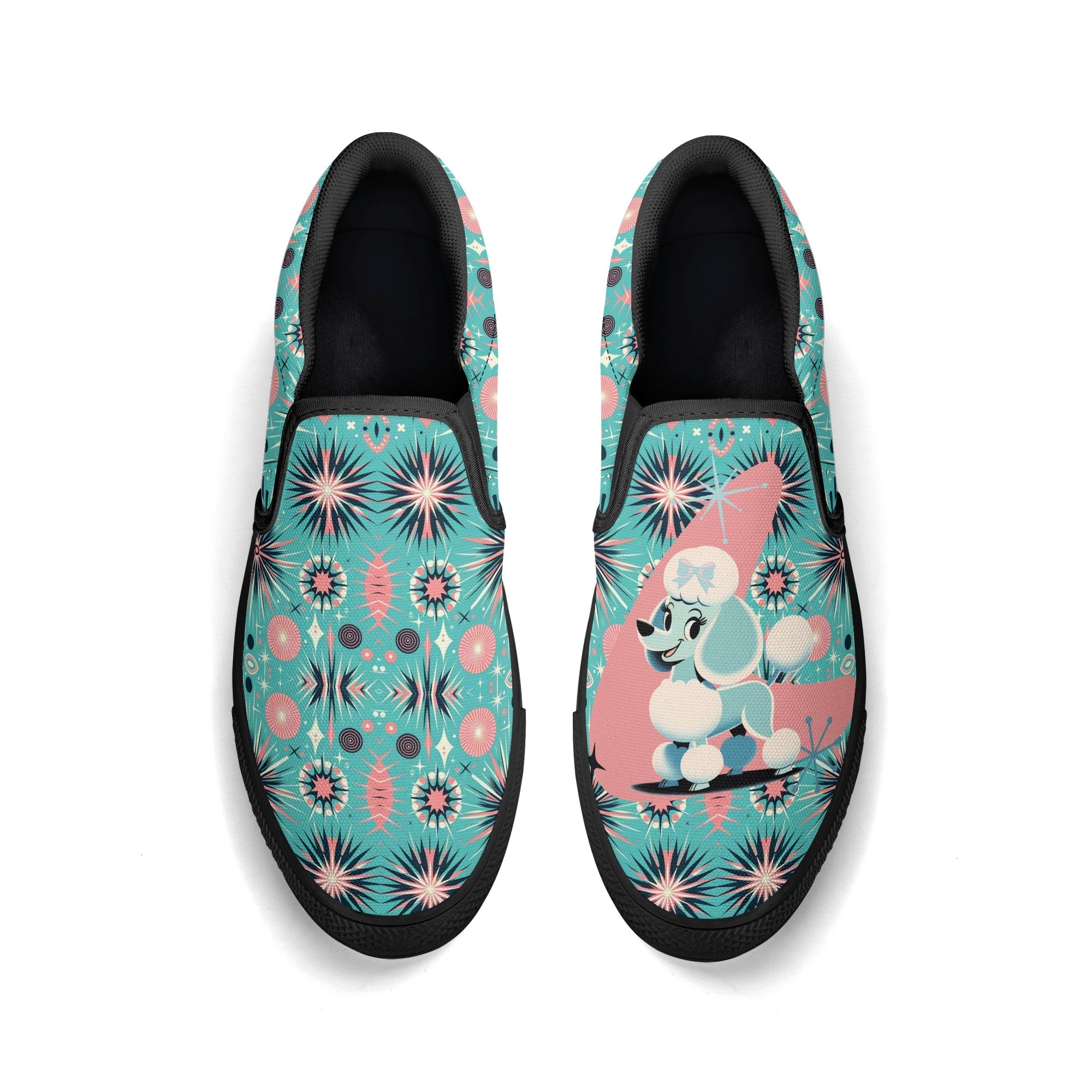Atomic 50s Poodle Slip On Canvas Shoes, Mid Century Modern Pink, Aqua Starbursts