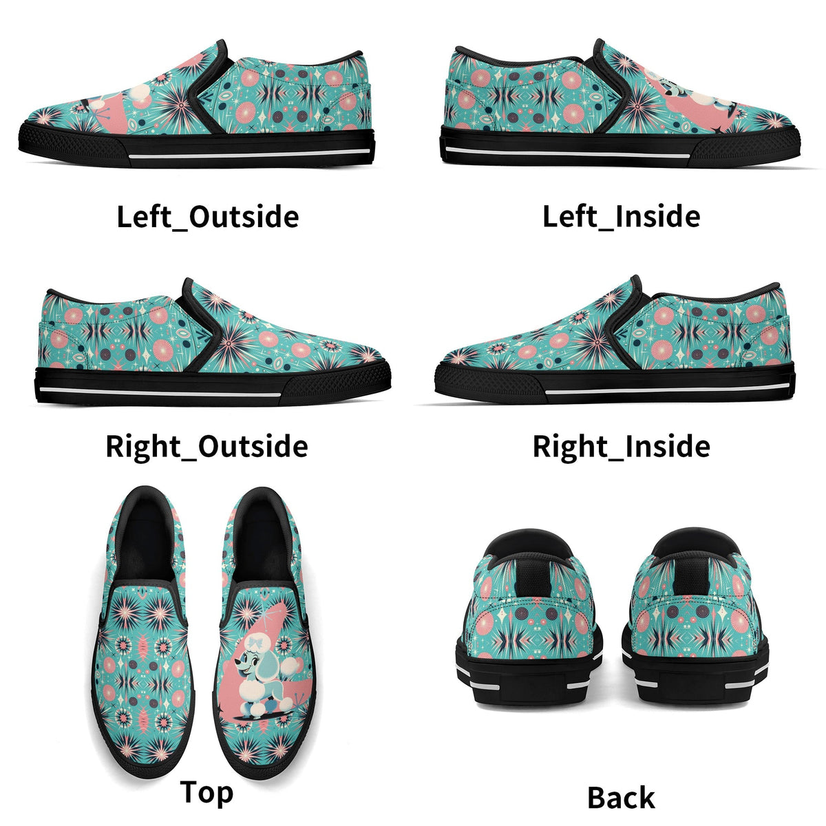 Atomic 50s Poodle Slip On Canvas Shoes, Mid Century Modern Pink, Aqua Starbursts