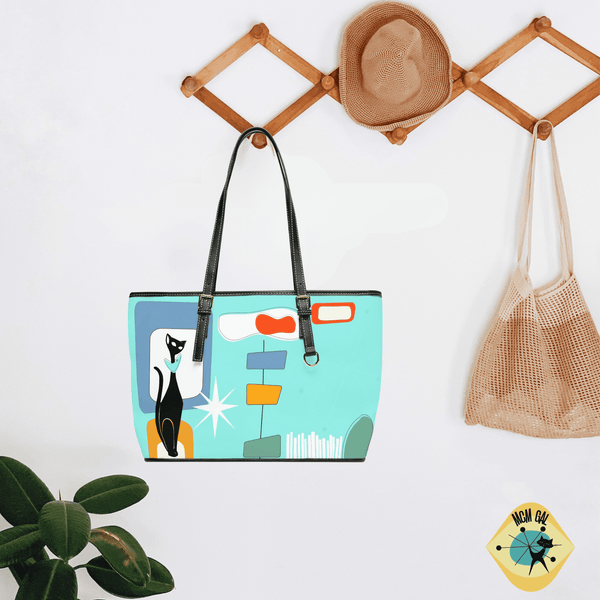 Atomic Cat, Aqua Blue, Mid Century Modern Funky Fun, Retro Shoulder Bag