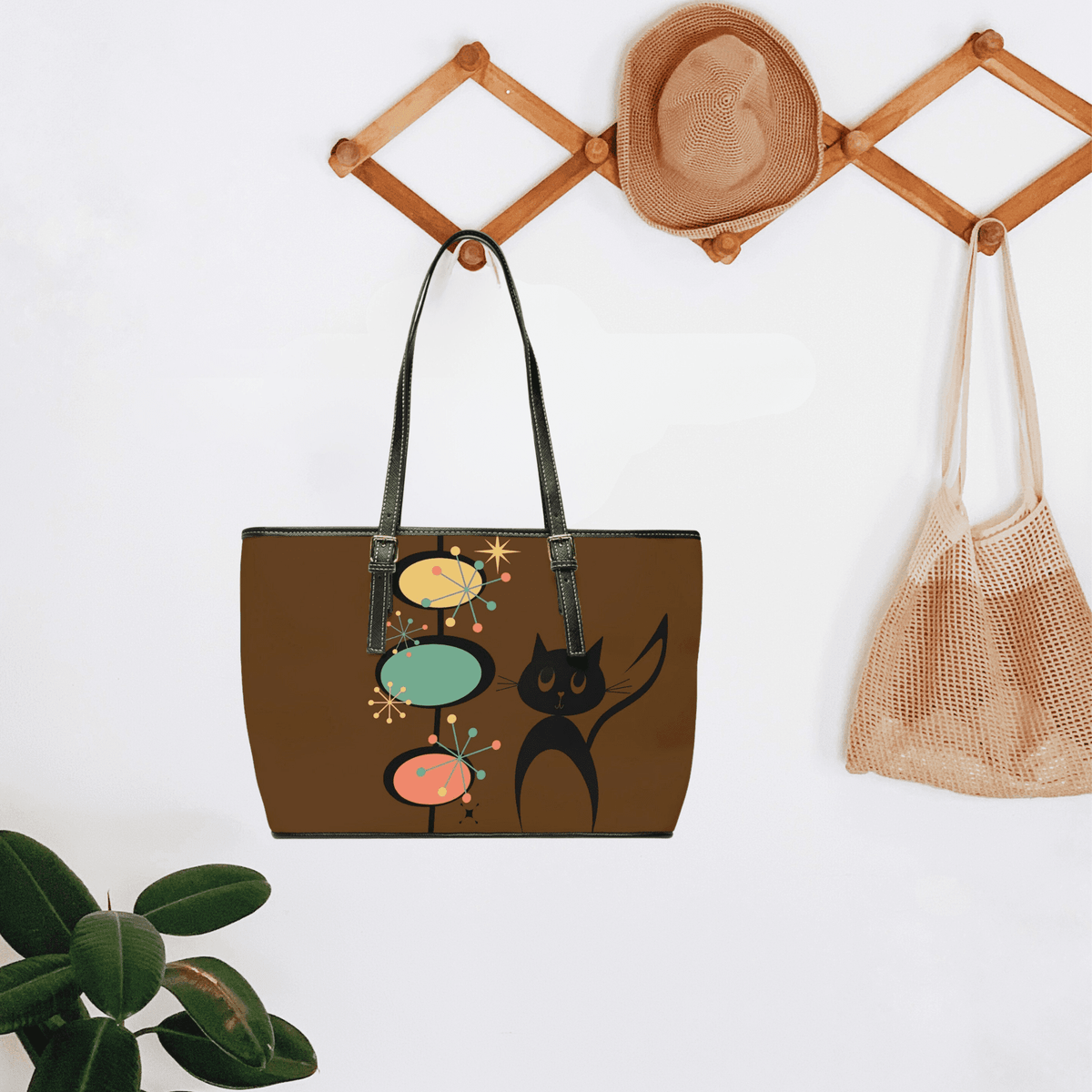 Atomic Cat, Chocolate Brown, Mid Century Modern Starburst Retro Leather Shoulder Bag Bags