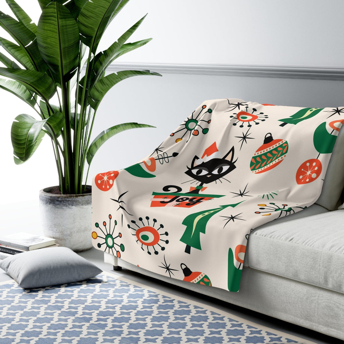 Atomic Cat Designed, Mid Century Modern Kitschy Atomic 50's Christmas Joy, Retro X-Mas Ornaments, Sherpa Fleece Blanket Home Decor