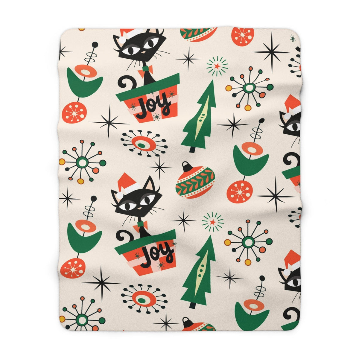 Atomic Cat Designed, Mid Century Modern Kitschy Atomic 50's Christmas Joy, Retro X-Mas Ornaments, Sherpa Fleece Blanket Home Decor
