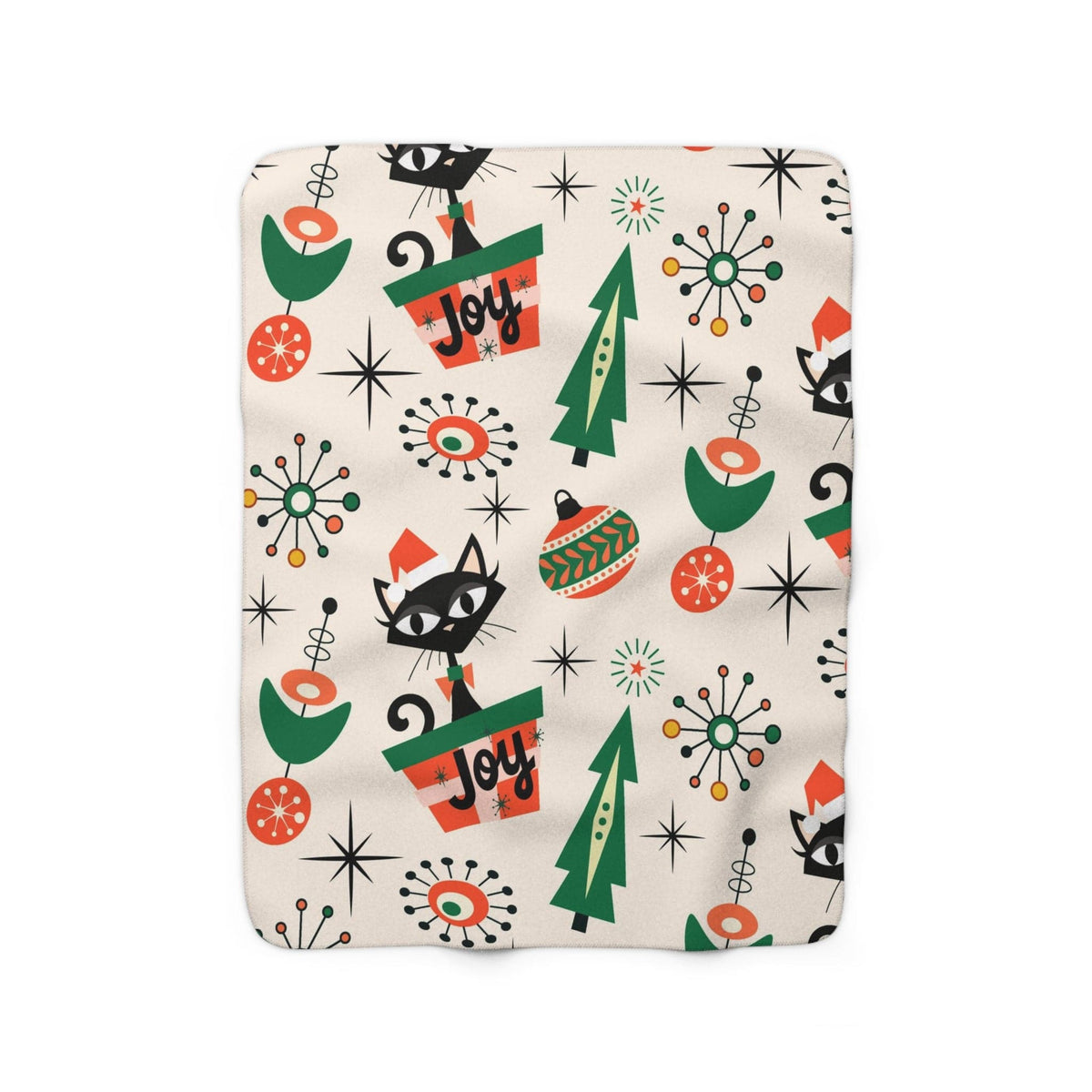 Atomic Cat Designed, Mid Century Modern Kitschy Atomic 50's Christmas Joy, Retro X-Mas Ornaments, Sherpa Fleece Blanket Home Decor