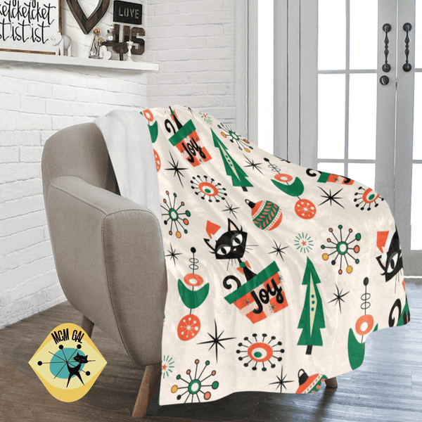 Atomic Cat Designed, Mid Century Modern Kitschy Atomic 50's Christmas Joy, Retro X-Mas Ornaments, Sherpa Fleece Blanket