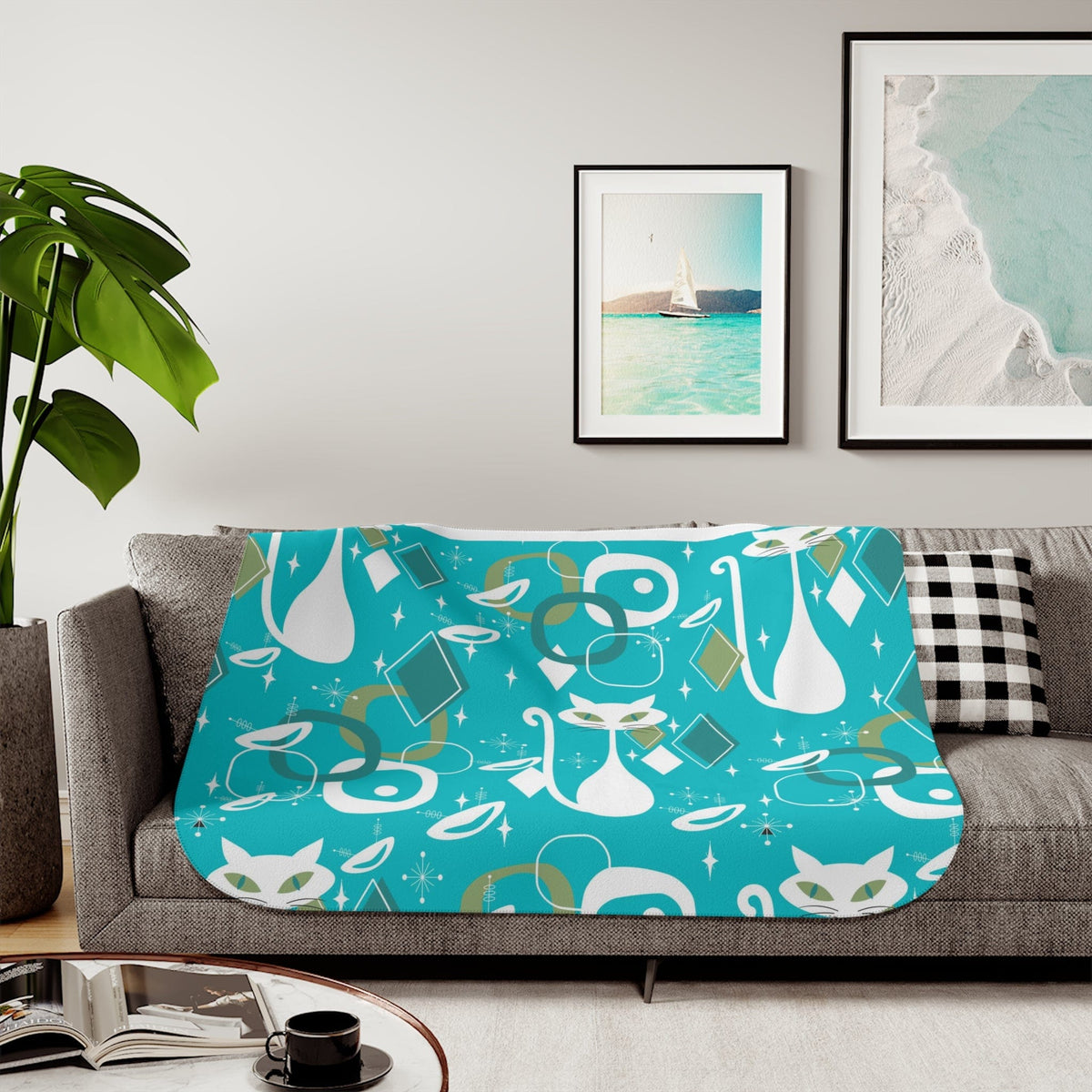 Atomic Cat Designs, Aqua Blue. Starburst, Atomic 50's Space Mod Designs, Sherpa Blanket Home Decor