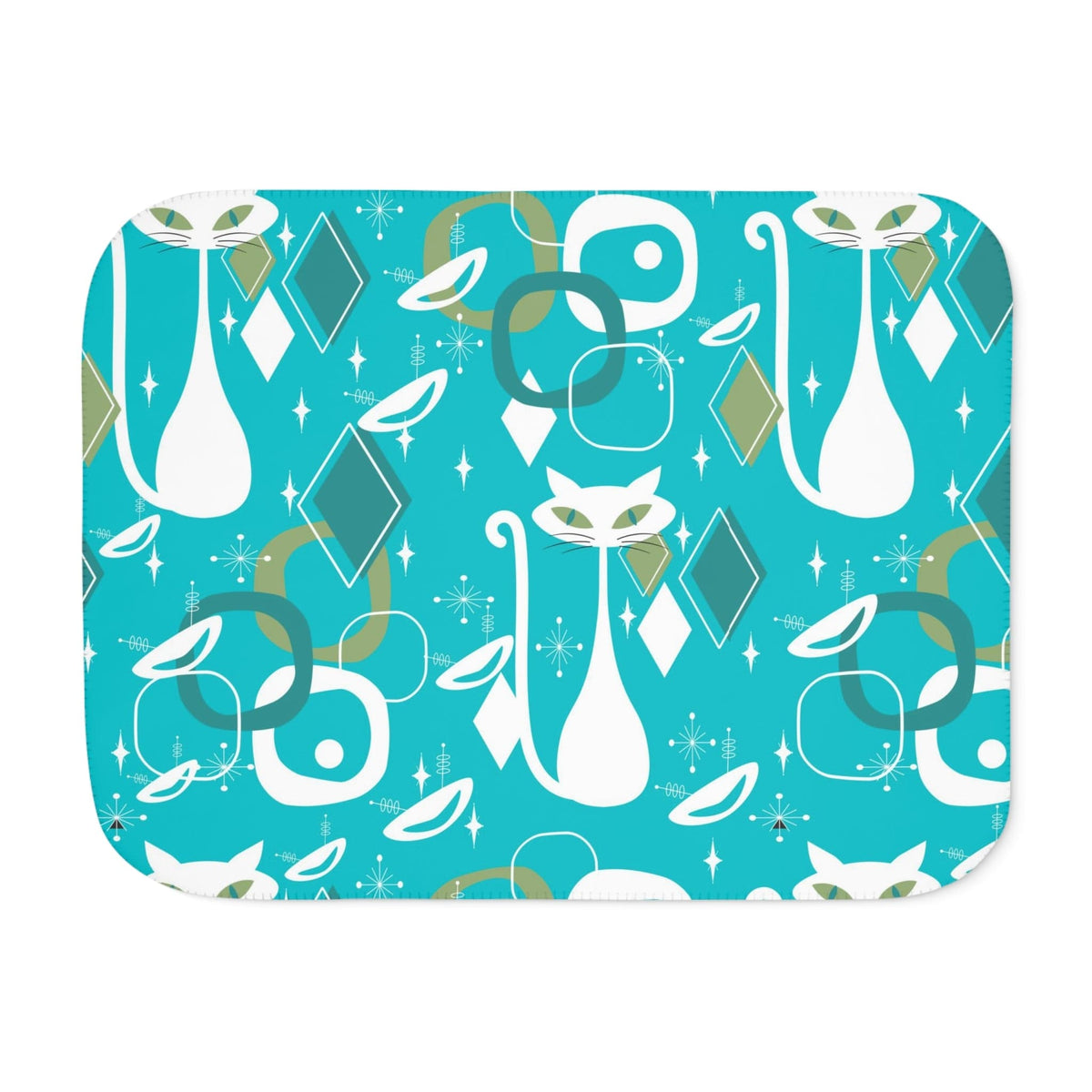 Atomic Cat Designs, Aqua Blue. Starburst, Atomic 50's Space Mod Designs, Sherpa Blanket Home Decor