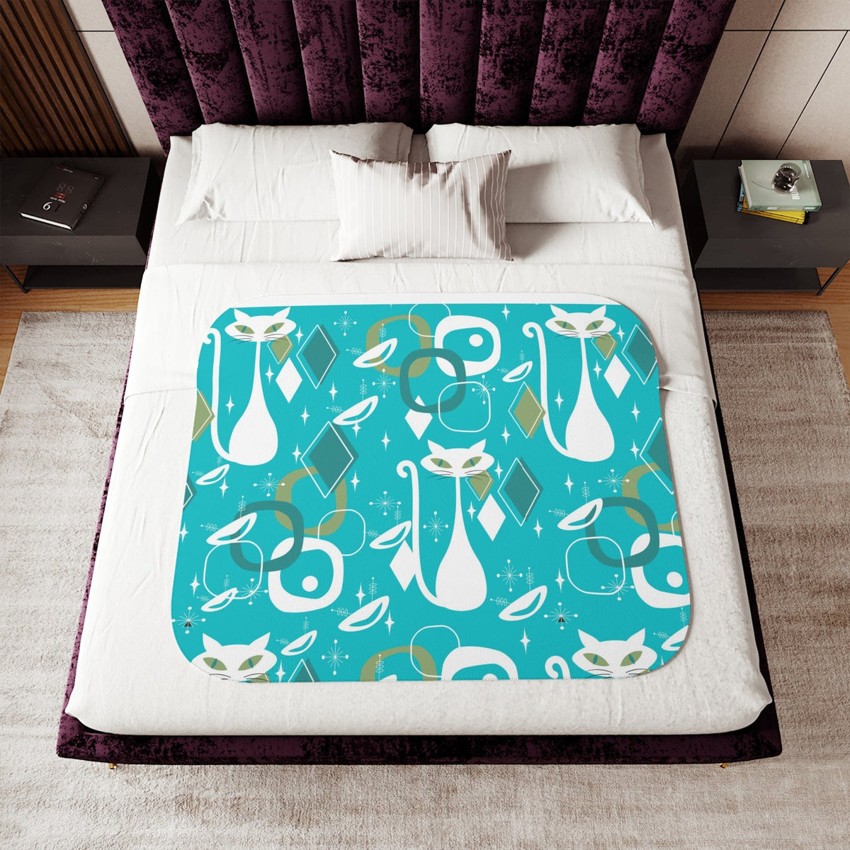 Atomic Cat Designs, Aqua Blue. Starburst, Atomic 50's Space Mod Designs, Sherpa Blanket Home Decor