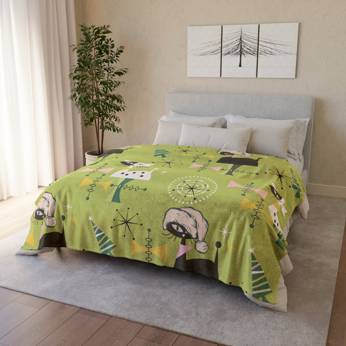 Atomic Cat Designs, Christmas Blanket, 50's Vintage Designs, Green Kitsch Fun Retro Christmas Gift Soft Polyester Blanket Home Decor