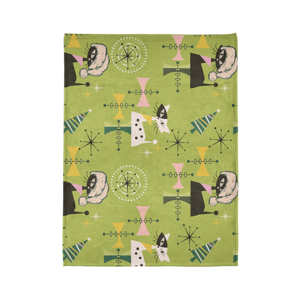 Atomic Cat Designs, Christmas Blanket, 50's Vintage Designs, Green Kitsch Fun Retro Christmas Gift Soft Polyester Blanket Home Decor