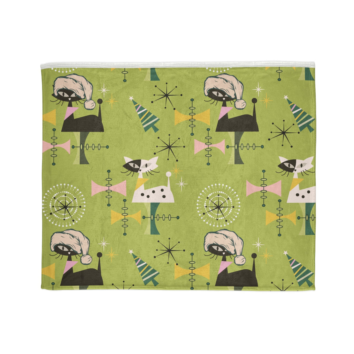 Atomic Cat Designs, Christmas Blanket, 50's Vintage Designs, Green Kitsch Fun Retro Christmas Gift Soft Polyester Blanket Home Decor