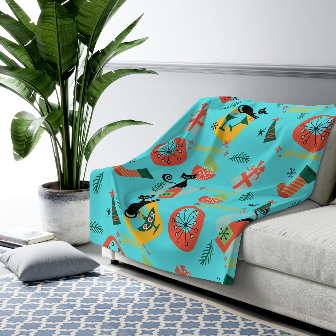 Atomic Cat Designs, Mid Century Modern Christmas Decor, Fun Holiday Spirit Kitschy Seasonal Sherpa Fleece Blanket Home Decor