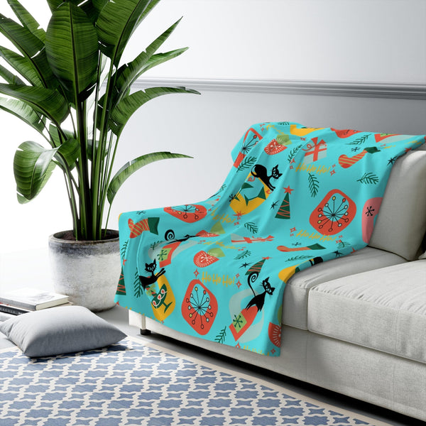 Atomic Cat Designs, Mid Century Modern Christmas Decor, Fun Holiday Spirit Kitschy Seasonal Sherpa Fleece Blanket