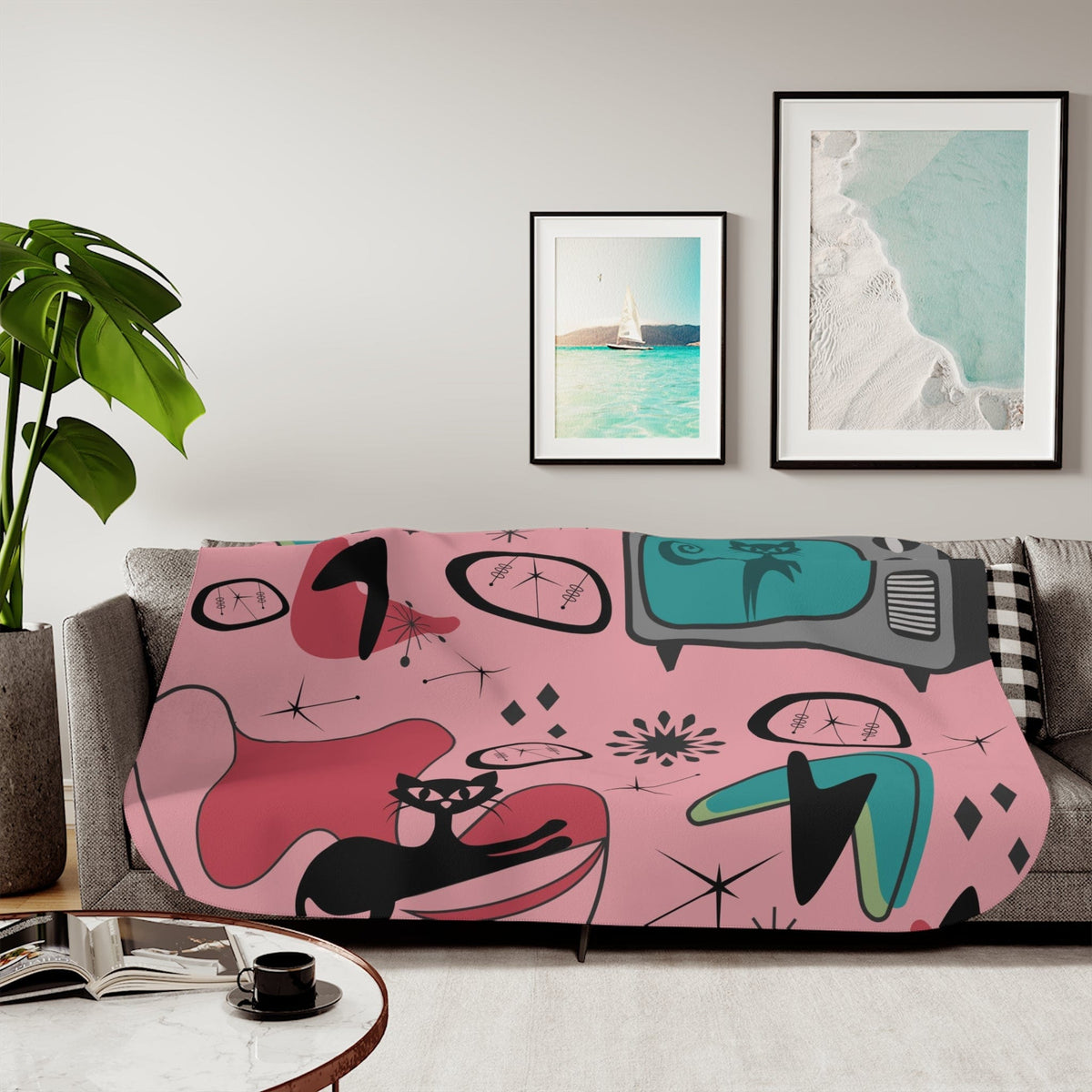 Atomic Cat Designs, Mid Century Modern, Egg Chair, Retro TV, 50's Atomic Living, Space, Kitschy Cat, Pink, Aqua Sherpa Blanket Home Decor