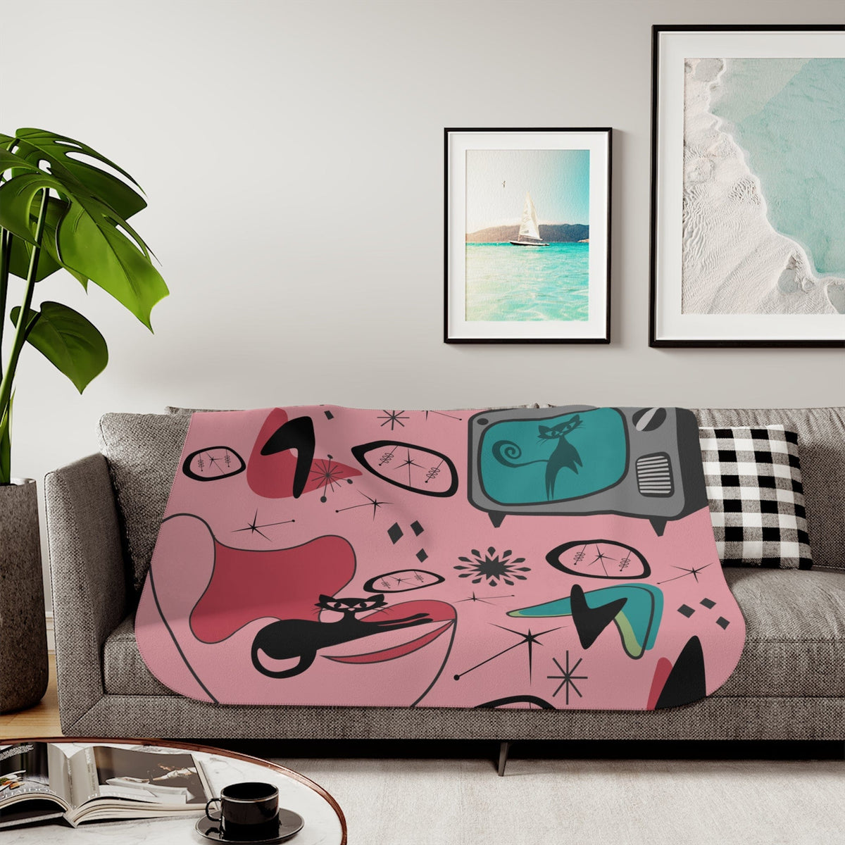 Atomic Cat Designs, Mid Century Modern, Egg Chair, Retro TV, 50's Atomic Living, Space, Kitschy Cat, Pink, Aqua Sherpa Blanket Home Decor