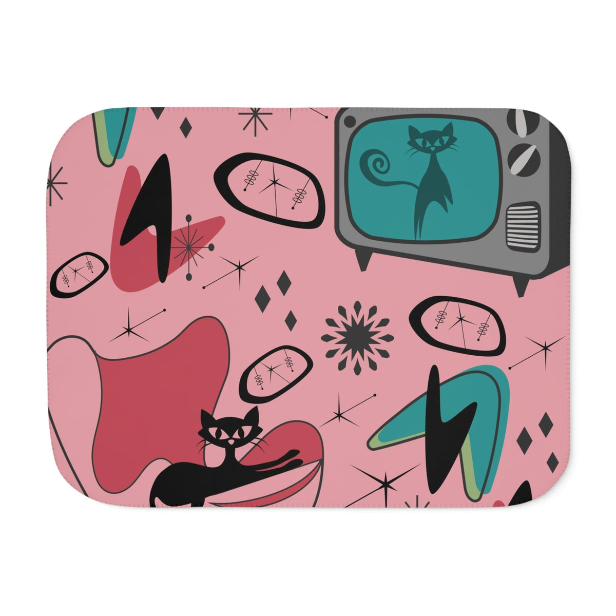 Atomic Cat Designs, Mid Century Modern, Egg Chair, Retro TV, 50's Atomic Living, Space, Kitschy Cat, Pink, Aqua Sherpa Blanket Home Decor