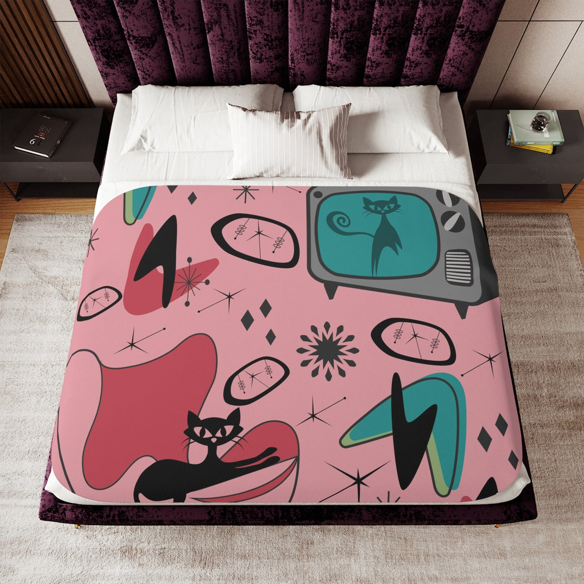 Atomic Cat Designs, Mid Century Modern, Egg Chair, Retro TV, 50's Atomic Living, Space, Kitschy Cat, Pink, Aqua Sherpa Blanket Home Decor