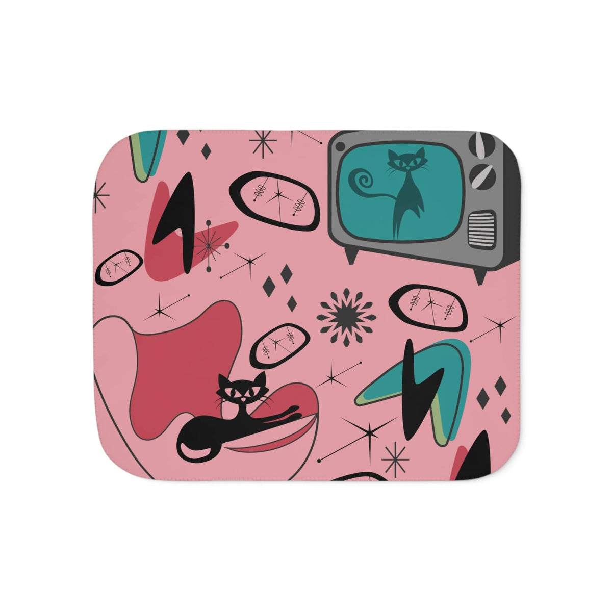 Atomic Cat Designs, Mid Century Modern, Egg Chair, Retro TV, 50's Atomic Living, Space, Kitschy Cat, Pink, Aqua Sherpa Blanket Home Decor