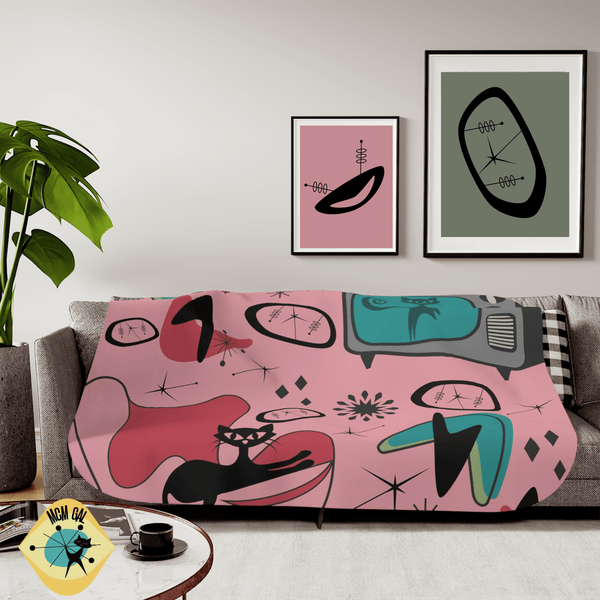Atomic Cat Designs, Mid Century Modern, Egg Chair, Retro TV, 50's Atomic Living, Space, Kitschy Cat, Pink, Aqua Sherpa Blanket