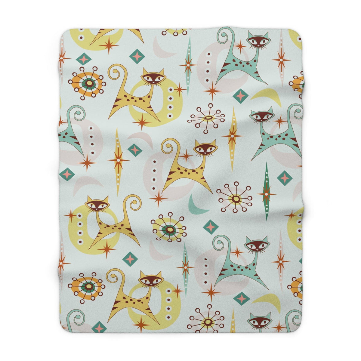 Atomic Cat Designs, Winter White, Aqua Blue, Tiger Yellow, Starburst, Boomerang 50's Style Kitschy Sherpa Fleece Blanket Gift Home Decor