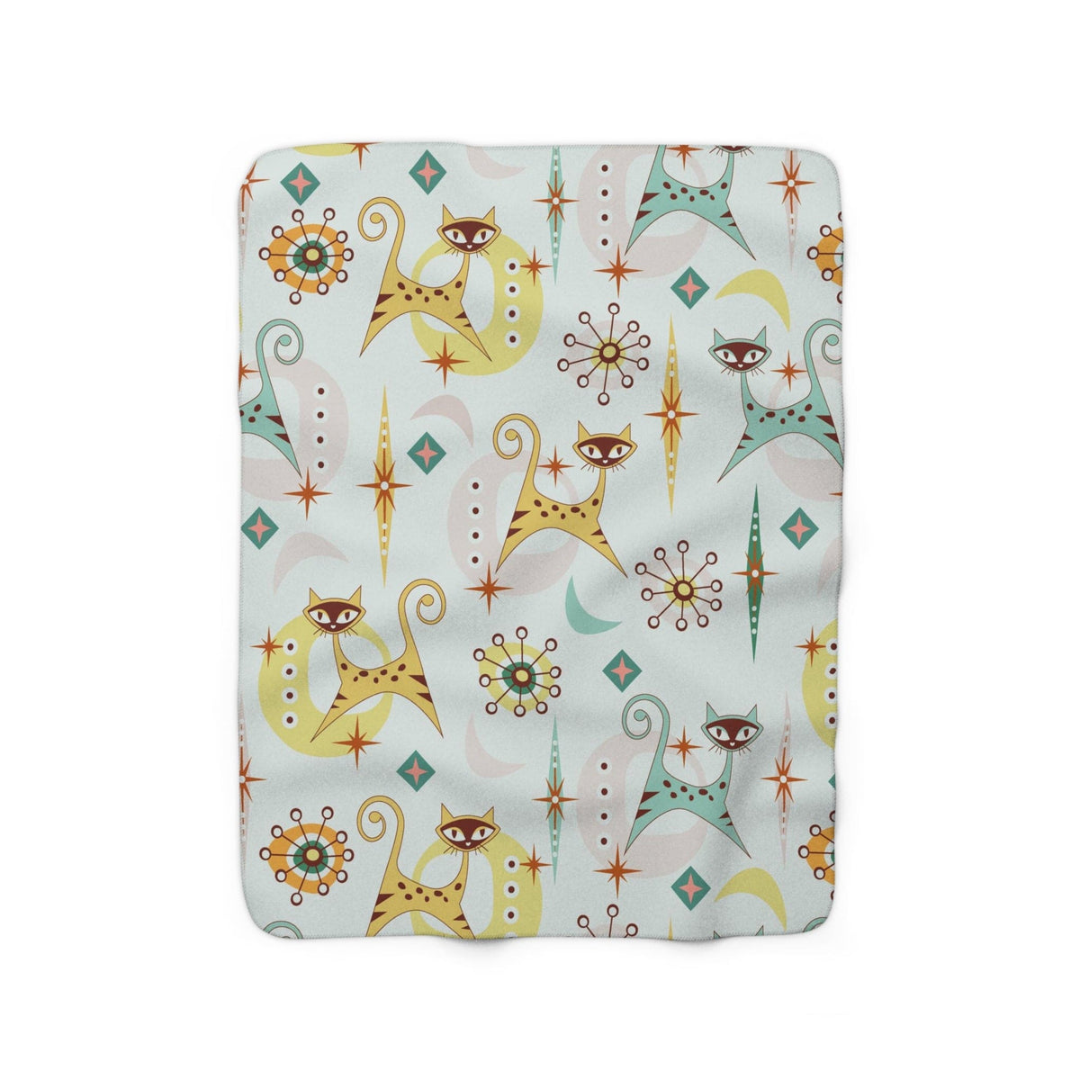 Atomic Cat Designs, Winter White, Aqua Blue, Tiger Yellow, Starburst, Boomerang 50's Style Kitschy Sherpa Fleece Blanket Gift Home Decor