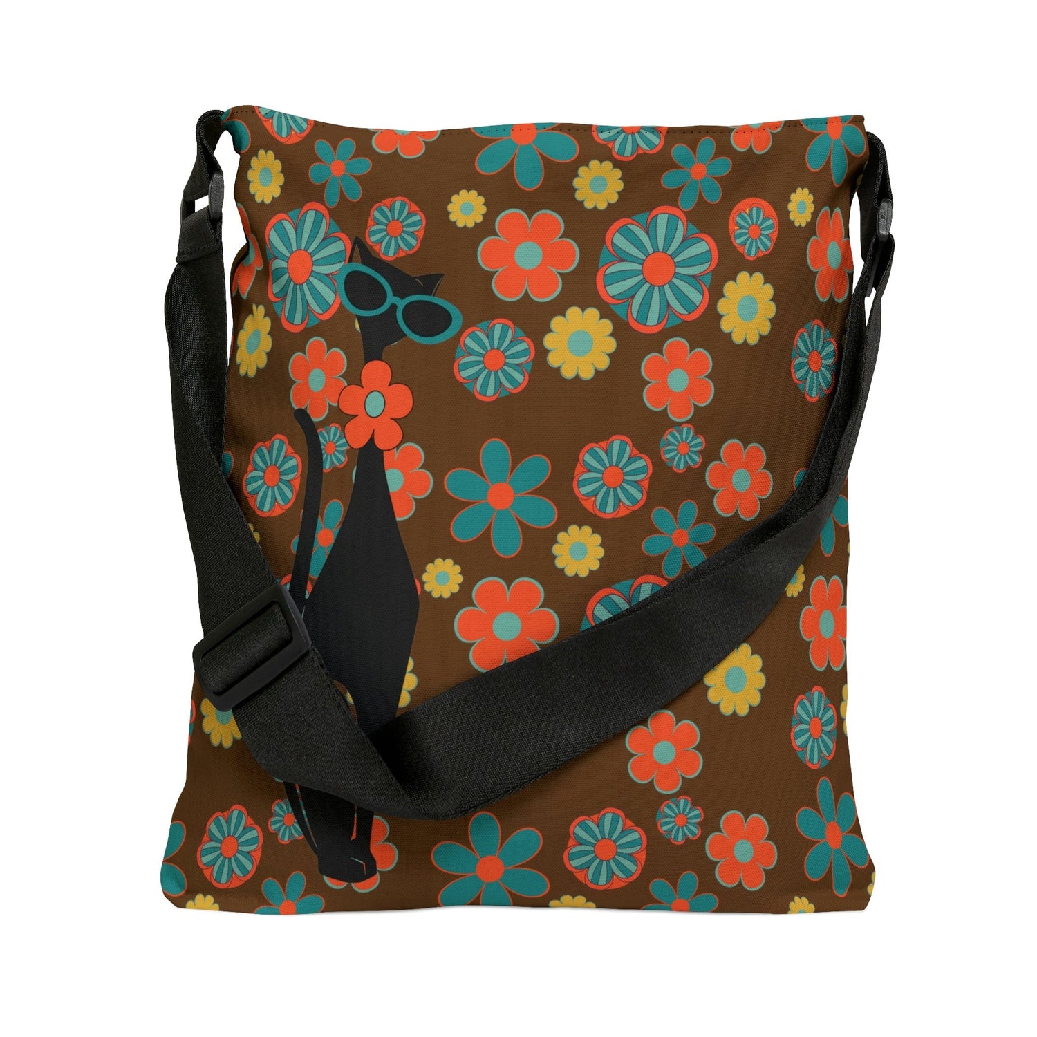 Atomic Cat, Flower Power, Hippie Style, Brown, Orange, Teal Adjustable Tote Bag Bags