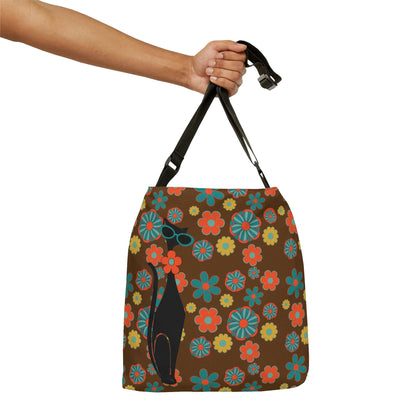 Atomic Cat, Flower Power, Hippie Style, Brown, Orange, Teal Adjustable Tote Bag Bags