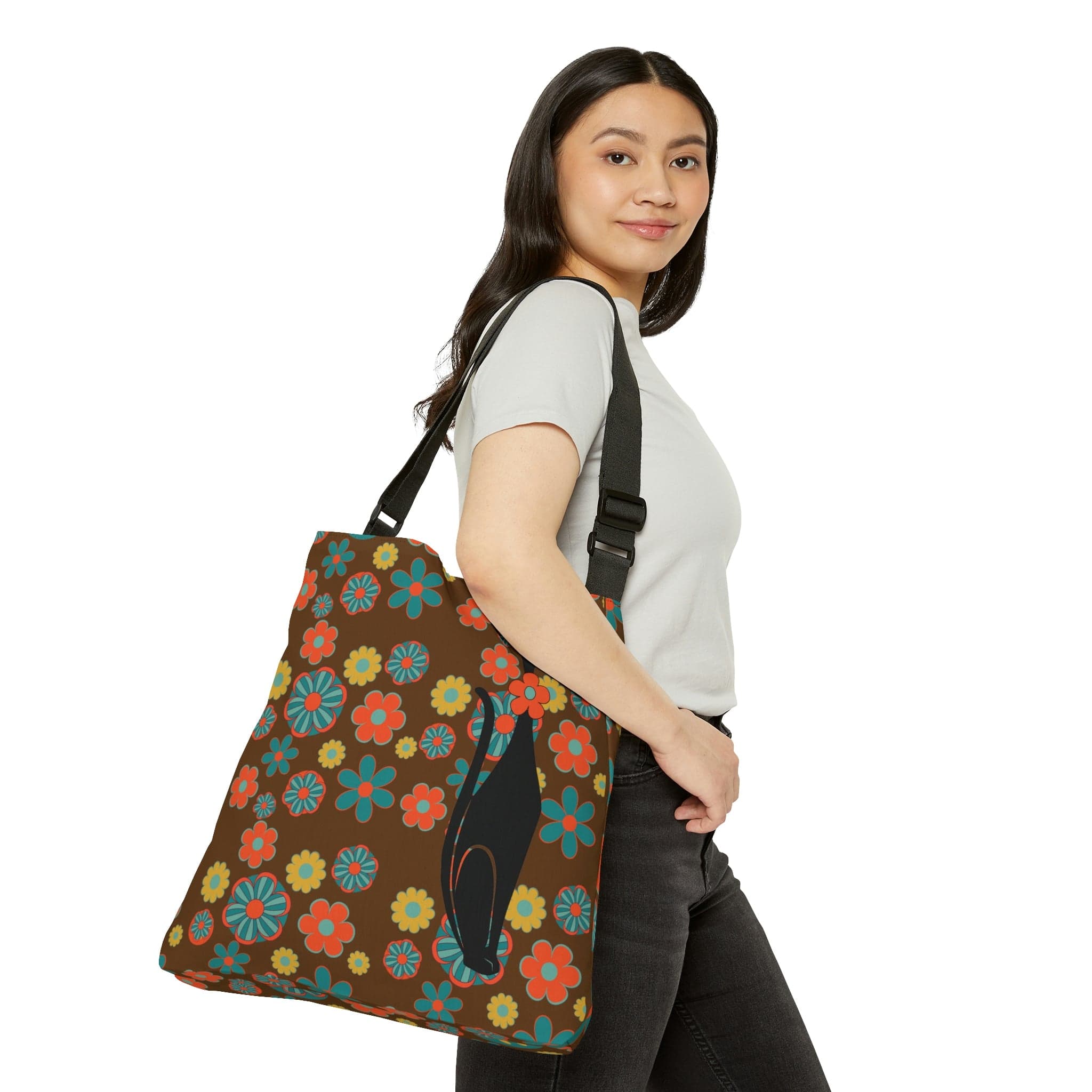 Atomic Cat, Flower Power, Hippie Style, Brown, Orange, Teal Adjustable Tote  Bag