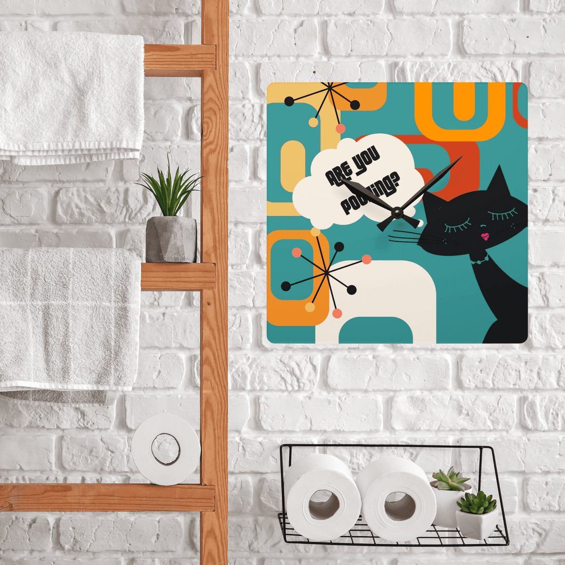 Atomic Cat, Funny Bathroom Retro Geometric MCM Acrylic Wall Clock Home Decor